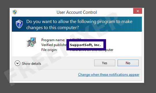 Screenshot where SupportSoft, Inc. appears as the verified publisher in the UAC dialog